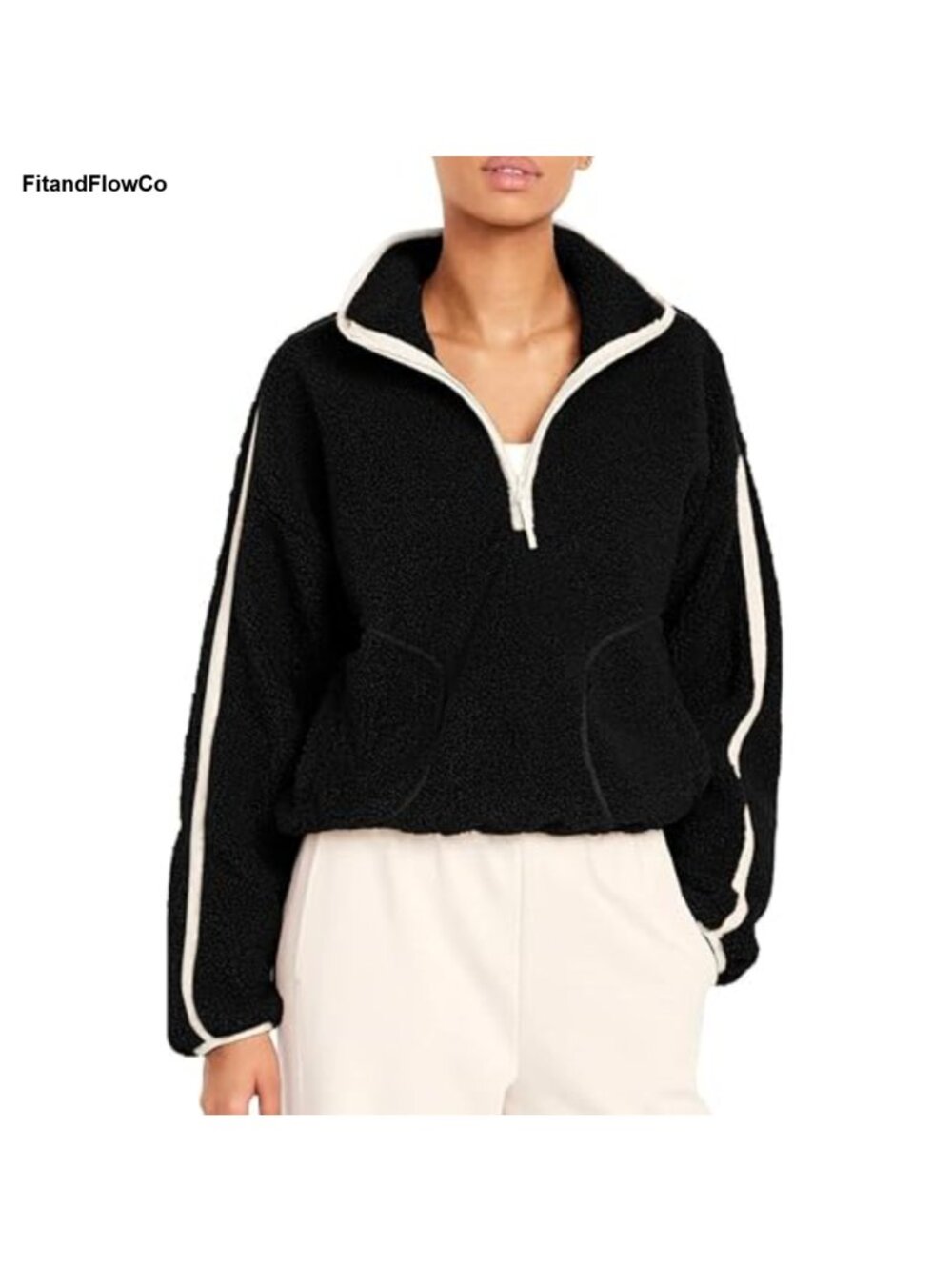 Women's Quarter Zip Sherpa Fleece Pullover Jacket Kangaroo Pocket